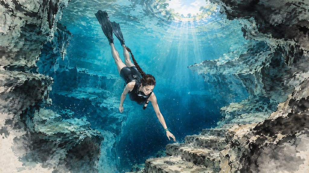 The Sunken Courtyard — page 1 panel 1: Mara descends alone into the turquoise cenote, feeling focused yet humbled as ancient stone steps vanish beneath her.