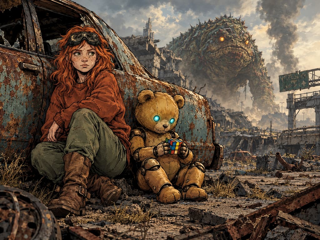Ivy dans le paysage post-apocalyptique — page 1 panel 1: Dans un paysage post-apocalyptique, Ivy est assise face à nous contre une voiture qui la dissimule à un monstre crapaud mutant en arrière-plan, tandis que Ted examine un Rubik’s Cube à ses côtés.