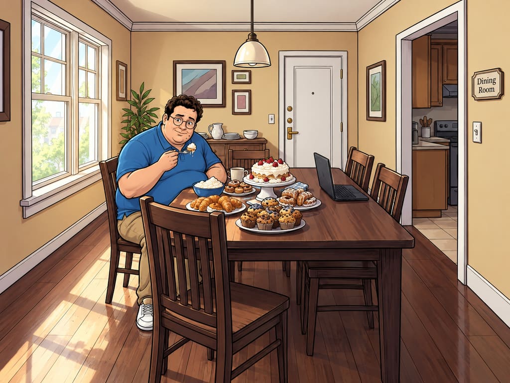 Datagedreven afvallen........ of niet? — page 1 panel 1: Martin sits before a tempting feast, lifting whipped cream on a fork while hope battles obvious guilt.