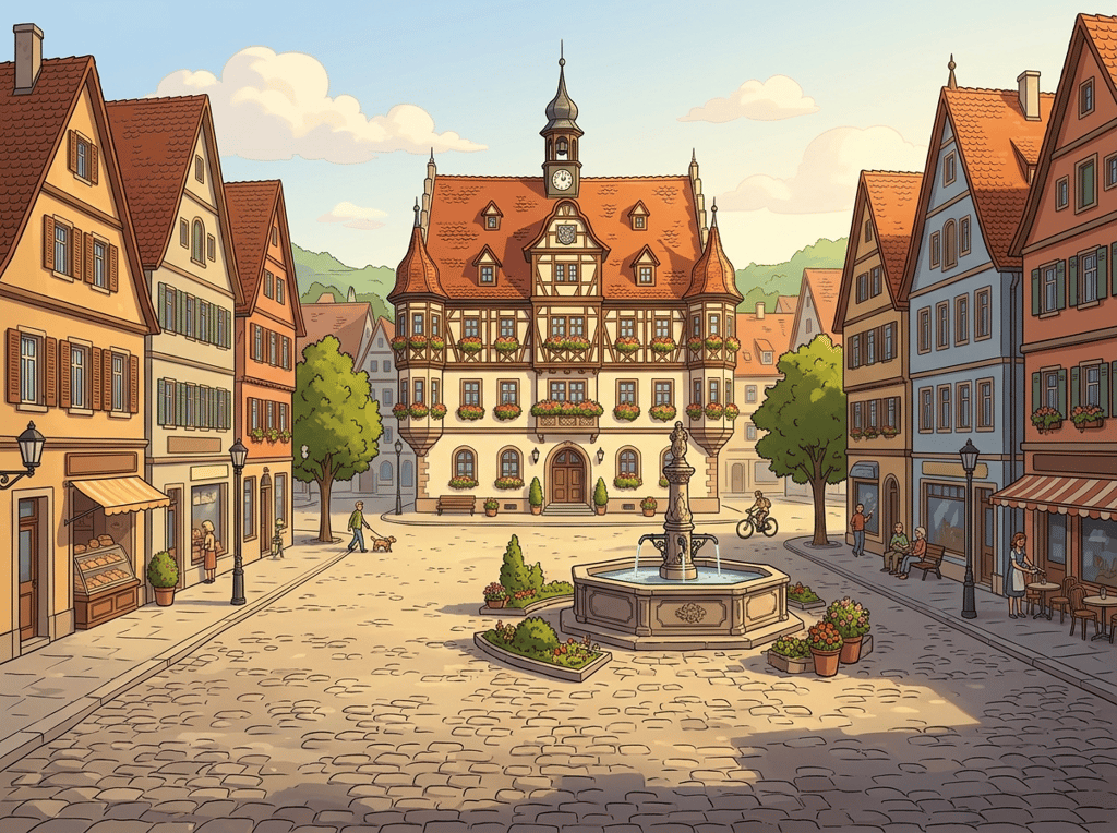 EISBANDE No. 6 – Die Alte Welt — page 1 panel 1: Ein sonniger Morgen empfängt die friedliche Kleinstadt; das Rathaus wirkt einladend, vertraut und leicht nostalgisch.