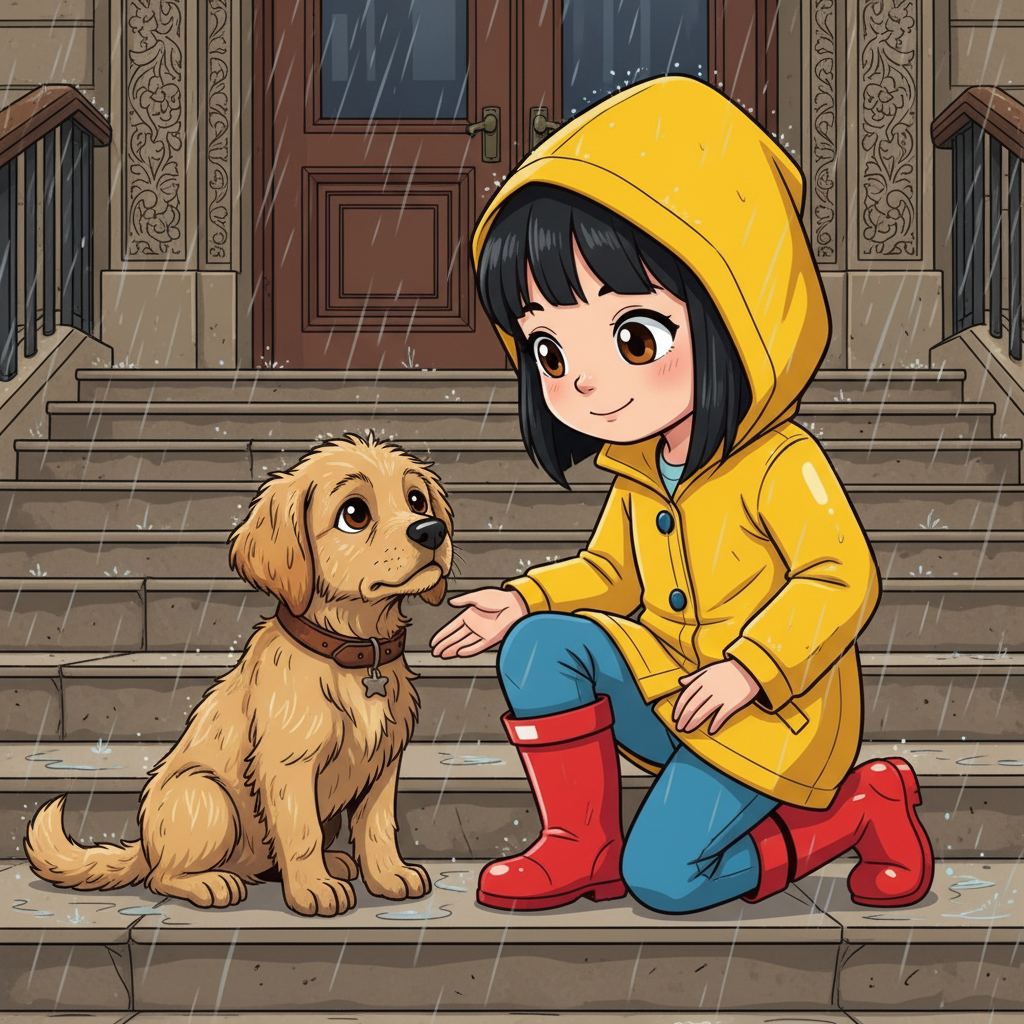 Maya and the Golden Paw — page 1 panel 2: Maya approaches cautiously, her gaze softening as she sees the small, shivering puppy, its eyes wide with a mix of fear and hopeful plea.