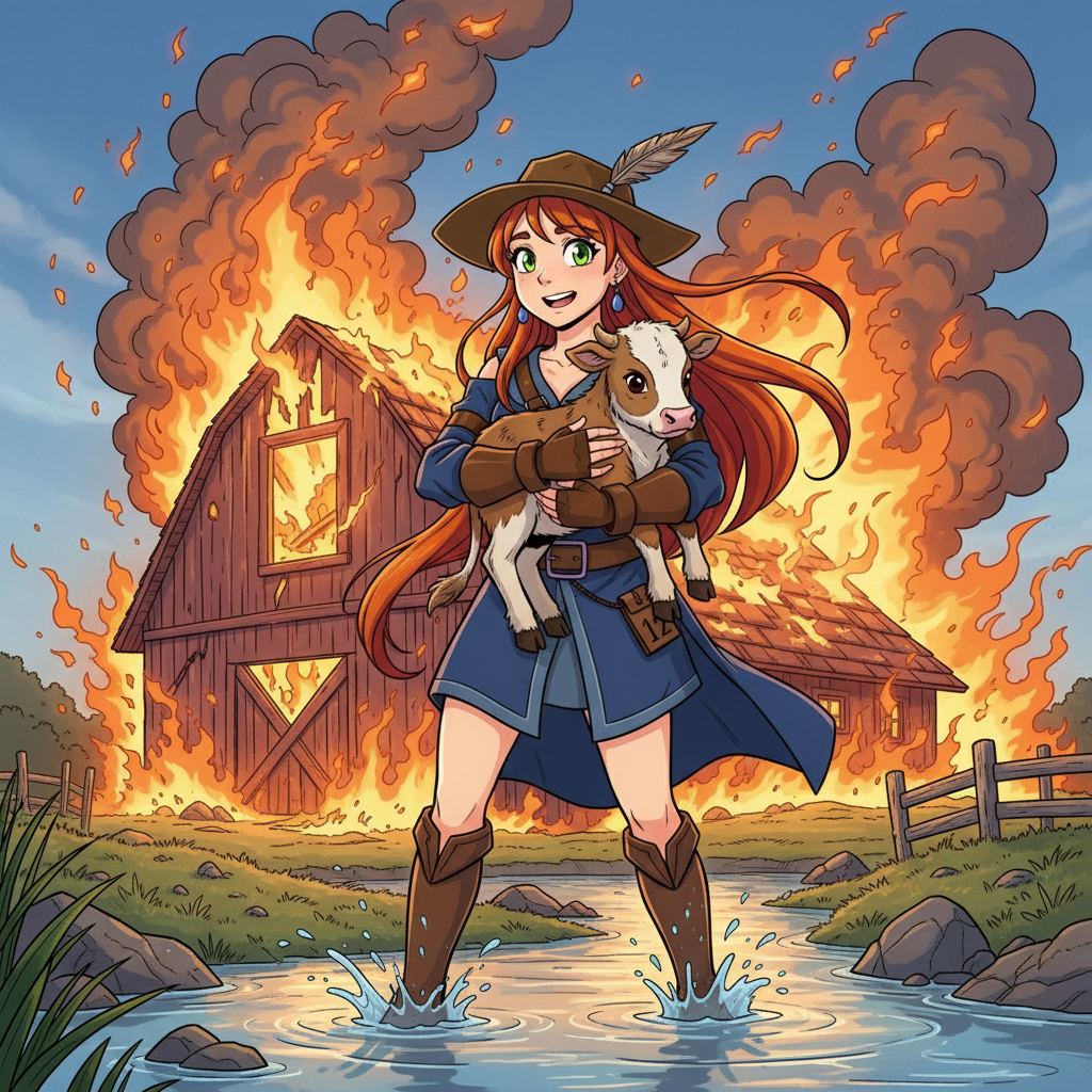 Skye the Sky-Rider: Valley Rescue — page 1 panel 2: Skye bursts from the smoke, a small, terrified calf cradled safely in her arms. She lands with a splash in the shallow creek, the cool water a welcome relief. Behind her, the barn's roof collapses in a shower of sparks and embers, a testament to her narrow escape. Exhaustion mixes with triumph on her face as she holds the trembling calf.