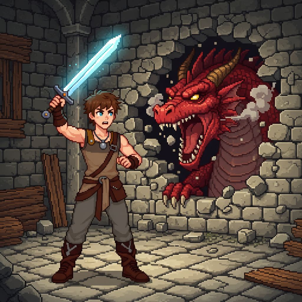 The Blade and the Beast — page 1 panel 2: The dungeon wall explodes in a shower of debris as a colossal red dragon bursts through, its roar echoing through the chamber. Pim, clutching his newly acquired glowing sword, stands firm, his initial shock quickly replaced by defiant determination as he prepares for battle.