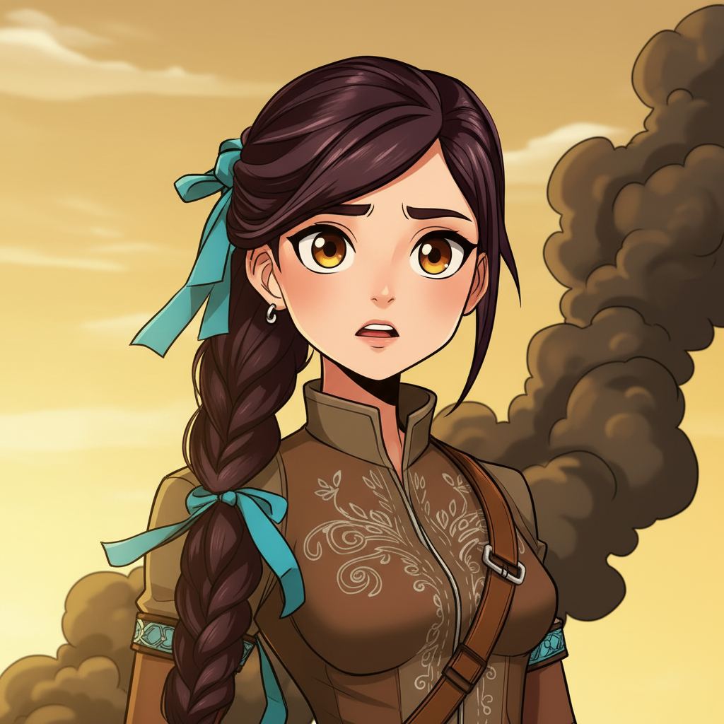 The Sky-Rider's Rescue — page 1 panel 2: Skye's tranquil expression shifts to one of alarm. Her eyes, usually calm and observant, widen as she spots a dark, ominous plume of smoke rising from the valley below, marring the idyllic landscape.
