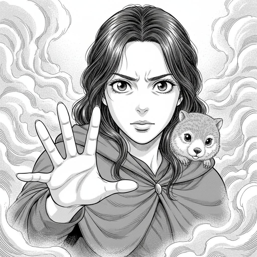 The Silent Ridge — page 1 panel 2: Now fully enveloped in the dense, swirling fog, Elara struggles to find her footing. Visibility is minimal, and the world is reduced to a few feet around her. Pip, nestled inside Elara's cloak, peeks out cautiously. The silence is profound, almost oppressive.