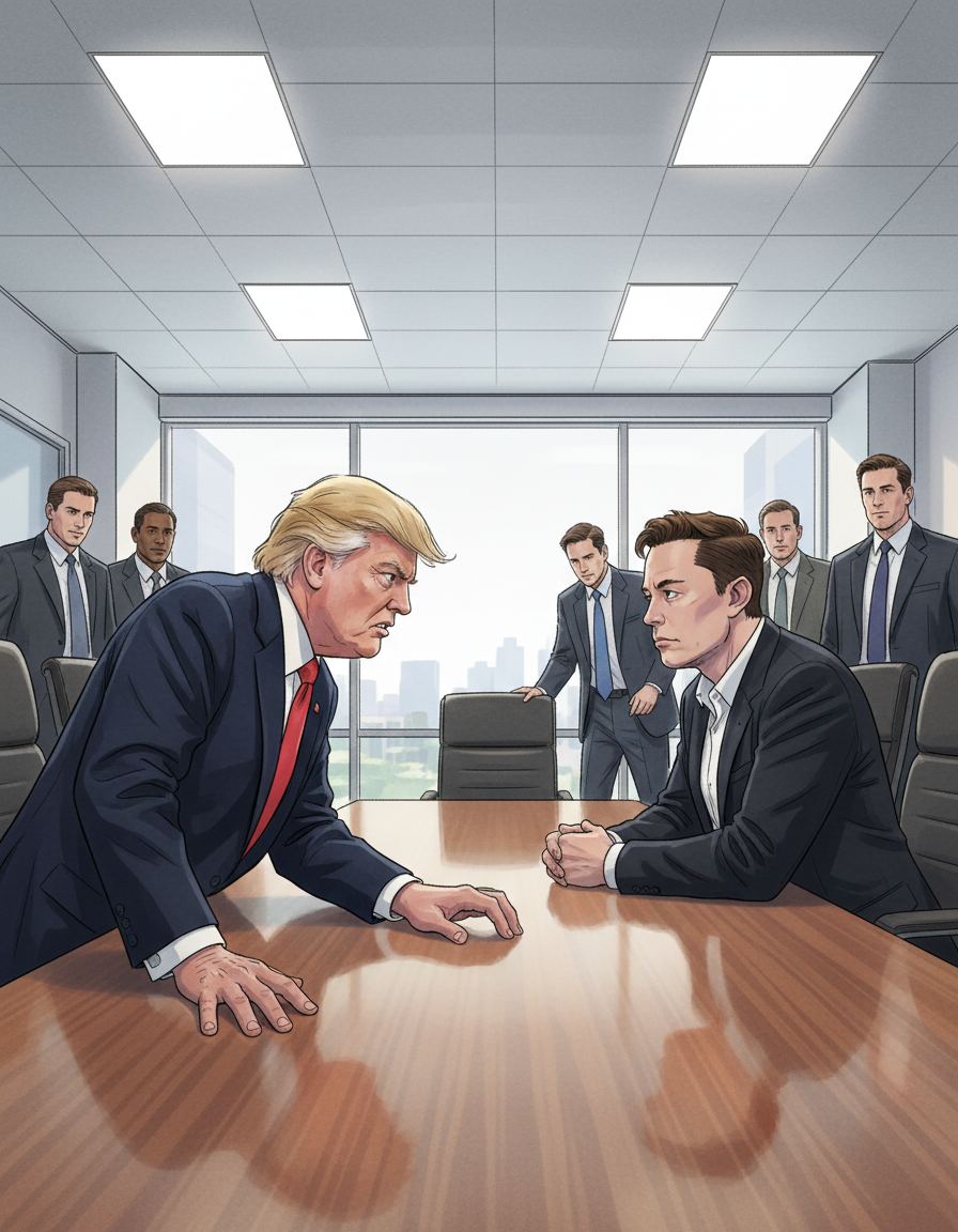 会议风波:trump 和 mask 的冲突 — page 1 panel 2: trump猛地拍了一下桌子,对mask的提议表示强烈不满,其他与会者纷纷侧目。