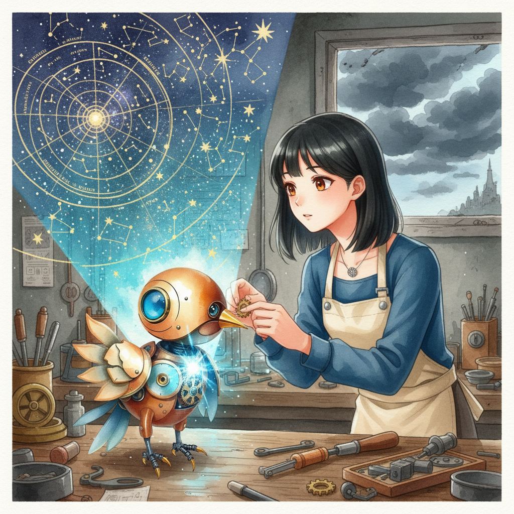 The Clockmaker and the Sky-Map: página 1, viñeta 2: With delicate precision, Mira repairs the robot bird. Once fixed, the bird's chest glows, projecting a celestial map onto the workshop wall, pointing towards a forgotten rooftop observatory. Storm clouds gather outside.