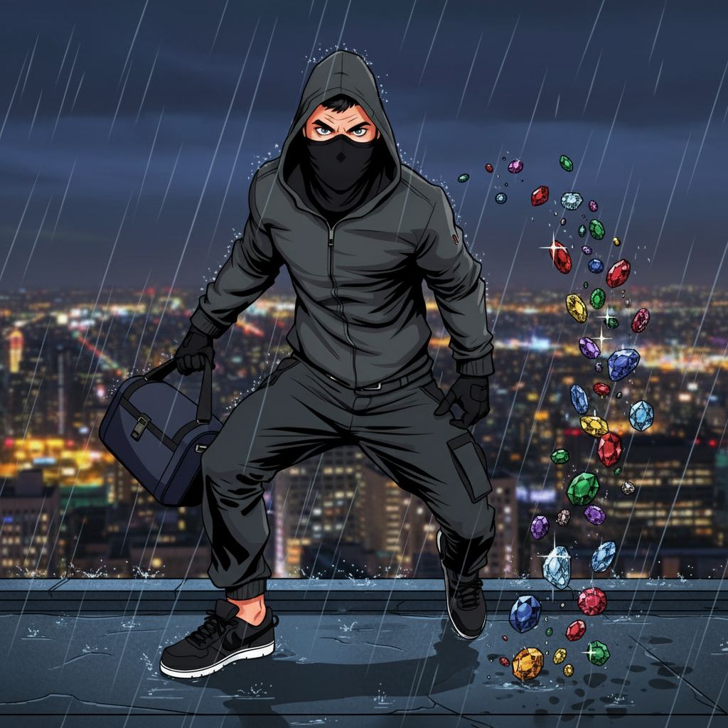 Crimson Comet: Harbor Heist — page 1 panel 2: The Jewel Thief, a shadowy figure, scrambles across a rain-slicked rooftop, clutching a bag overflowing with glittering gems. His heart pounds with adrenaline and the thrill of the escape.