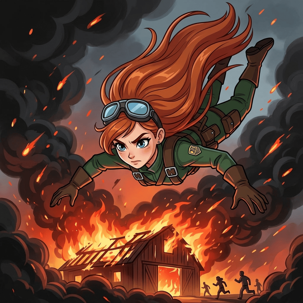 Skye the Sky-Rider: Barn Fire — page 1 panel 2: Skye dives rapidly towards the burning barn, her face set with determination as she plunges through thick, acrid smoke.