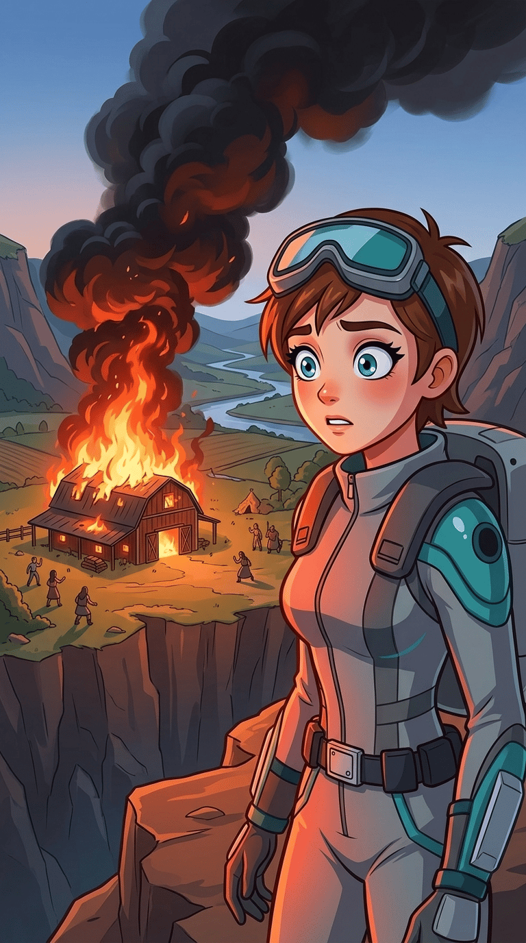Skye the Sky-Rider: página 1, viñeta 2: Skye's serene expression turns to alarm as she spots the unmistakable orange glow and thick black smoke rising from a barn in the valley below. The danger is clear and immediate.