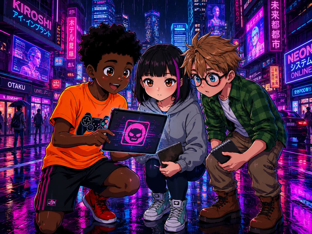 The Digital Defenders: CIVIX Adventure: página 1, viñeta 2: Jordan excitedly shows Maya and Sam a strange, glitching app on his tablet, its icon shimmering with an unknown energy. Maya looks intrigued, Sam is analytically curious.