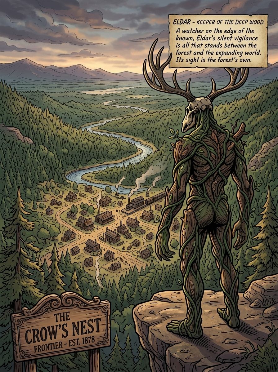 Altir's Fall — page 1 panel 2: Eldar stands silently at the cliff edge, looking down at the town below with deep concern.