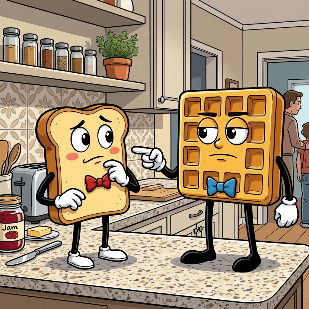 A Toasty Situation — page 1 panel 2: Waffle delivers a deadpan pun, completely unamused by Toast's excitement.