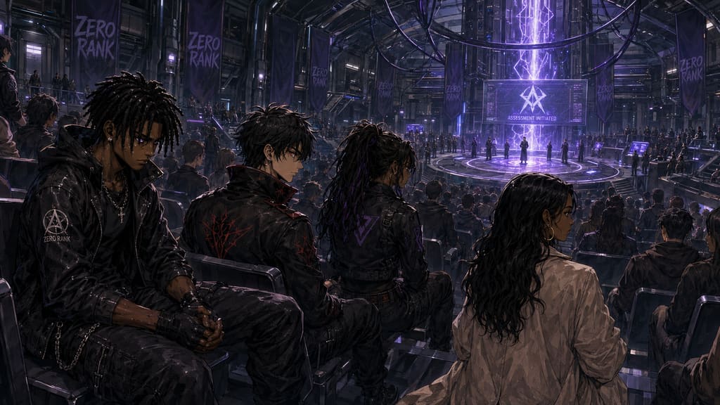 ZERO RANK — Episode 1: Rank Zero — page 1 panel 2: Inside an Awakened assessment center, Malik waits among confident candidates. His tense hands and narrow shoulders show how badly he wants this chance.