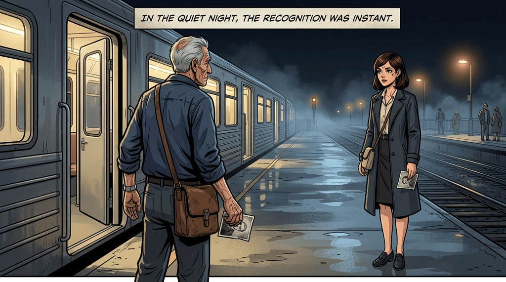 The Last Train — page 1 panel 2: At the final stop, the train doors open onto a nearly empty platform. Elias steps down, still holding the photograph, and sees Mara waiting beneath the station light with the same photograph in her hands. Their shock gives way to a painful, wordless recognition: the estrangement has not erased their bond.