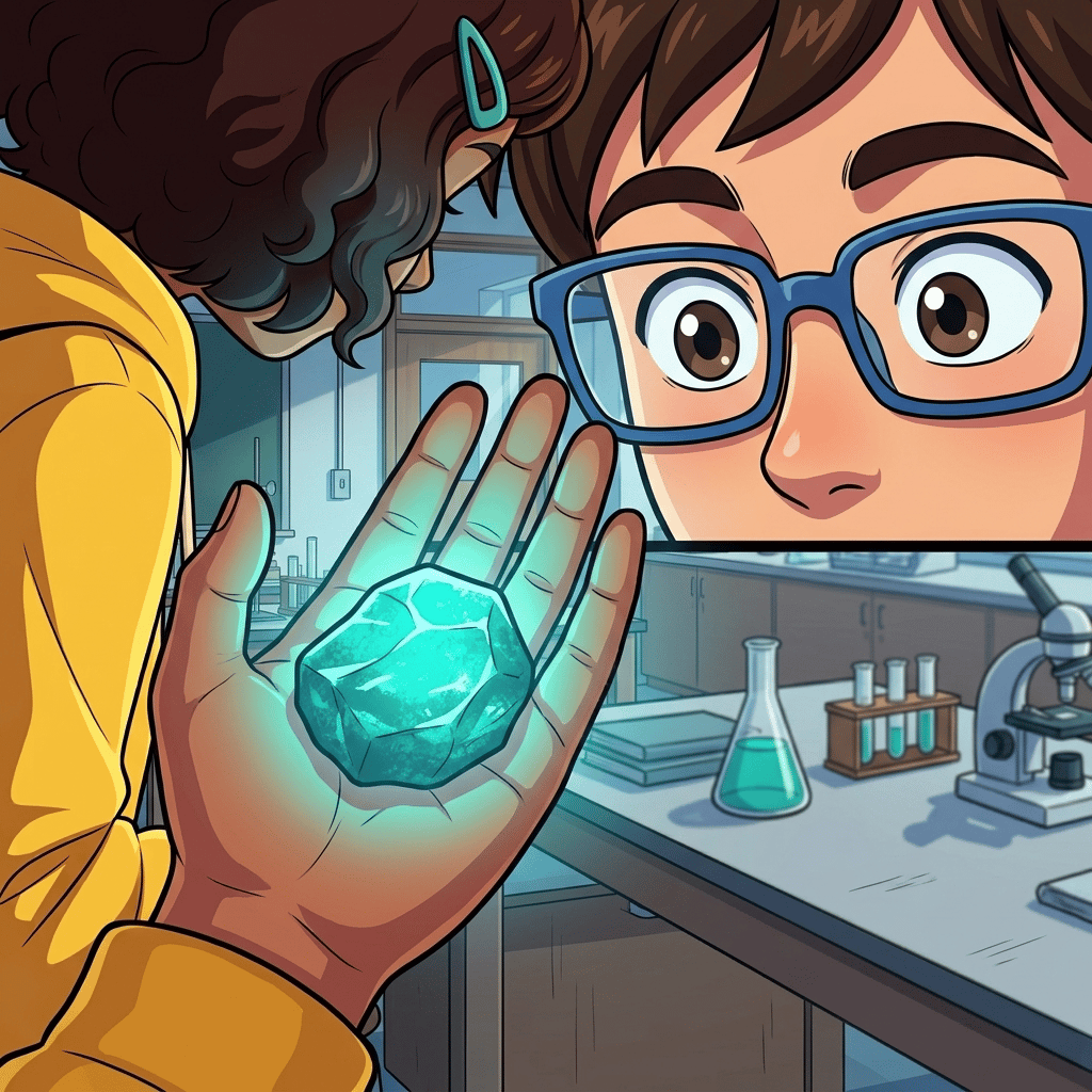 The Secret Above the City — page 1 panel 2: Maya reveals a strange glowing rock from her pocket. Leo leans closer, startled by its impossible blue-green light.