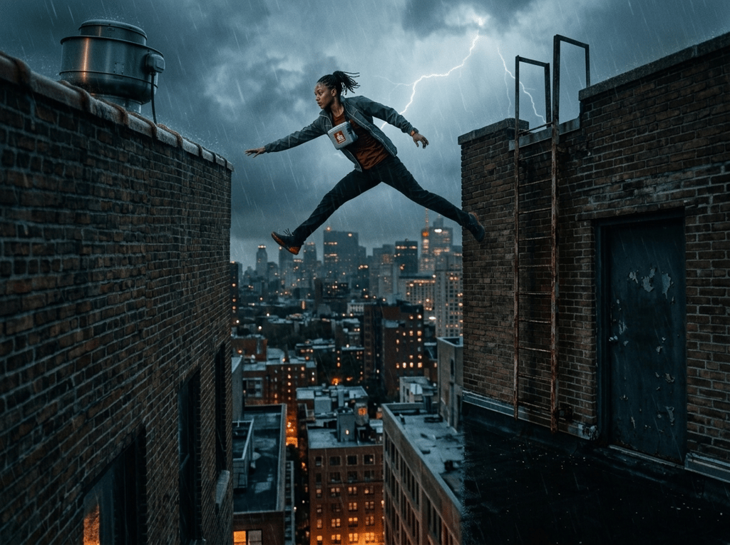 Across the Storm — page 1 panel 2: Mara launches across a narrow rooftop gap, one hand catching the next ledge while thunder rolls; the cooler stays locked against her body, and fear sharpens into focus.