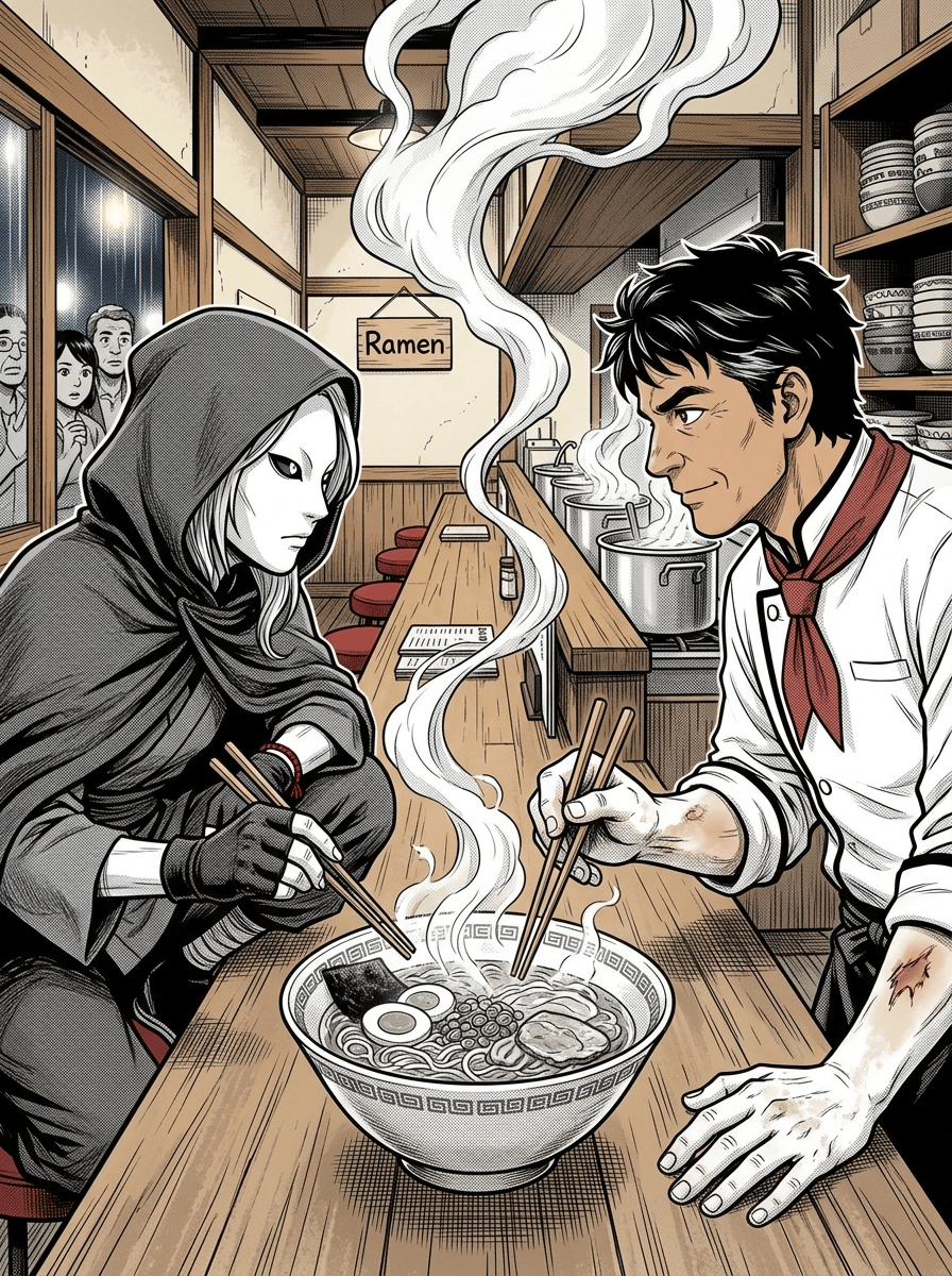 The Last Bowl — page 1 panel 2: A masked challenger slides into the seat opposite the bowl. The chef stiffens, recognizing the unmistakable confidence of the intruder's hands.