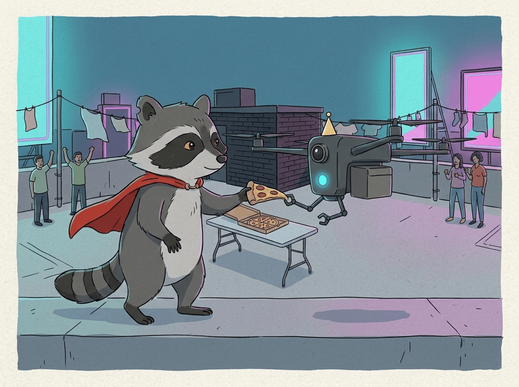 The Raccoon, the Pizza, and the Party Hat — page 1 panel 2: Cornered at the roof's edge after the chase, the raccoon offers the drone a slice; the drone accepts the kindness and sprouts a little party hat.
