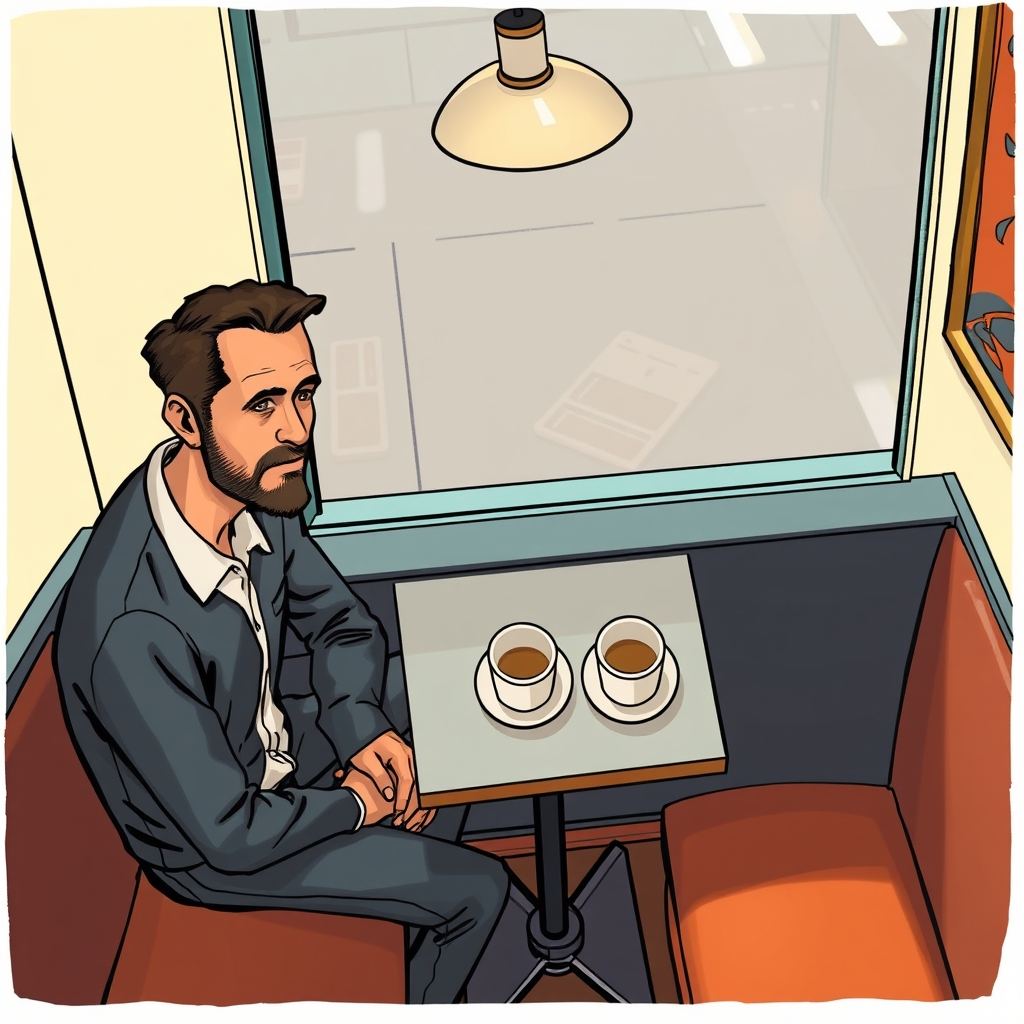 LAST FERRY – EPISODE 1 — page 1 panel 2: Després de mirar el rellotge, Marc s’asseu a la petita cafeteria amb dos cafès davant seu. La segona tassa converteix l’espera en una promesa concreta.