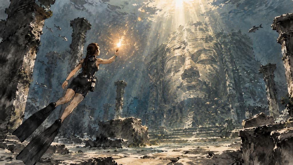 The Sunken Courtyard — page 1 panel 2: Mara lights the flare, and its glow reveals a submerged temple courtyard and a stone face taller than a house; far above, sunlight turns the silt into falling gold.