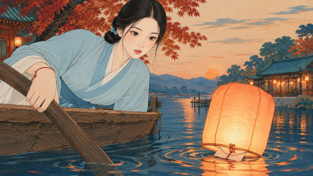 The Lantern on the Quiet River — page 1 panel 2: As Lin Yue lifts her oar to leave, a single paper lantern drifts toward her carrying a folded letter tied with red string; surprise turns her loneliness into quiet anticipation.