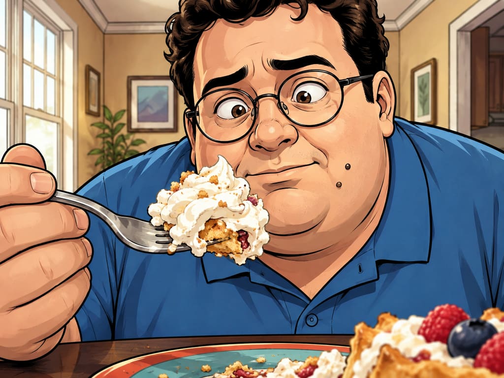 Datagedreven afvallen........ of niet? — page 1 panel 2: Martin studies the pastries as if they were a difficult equation, then makes a tiny, guilty bite.