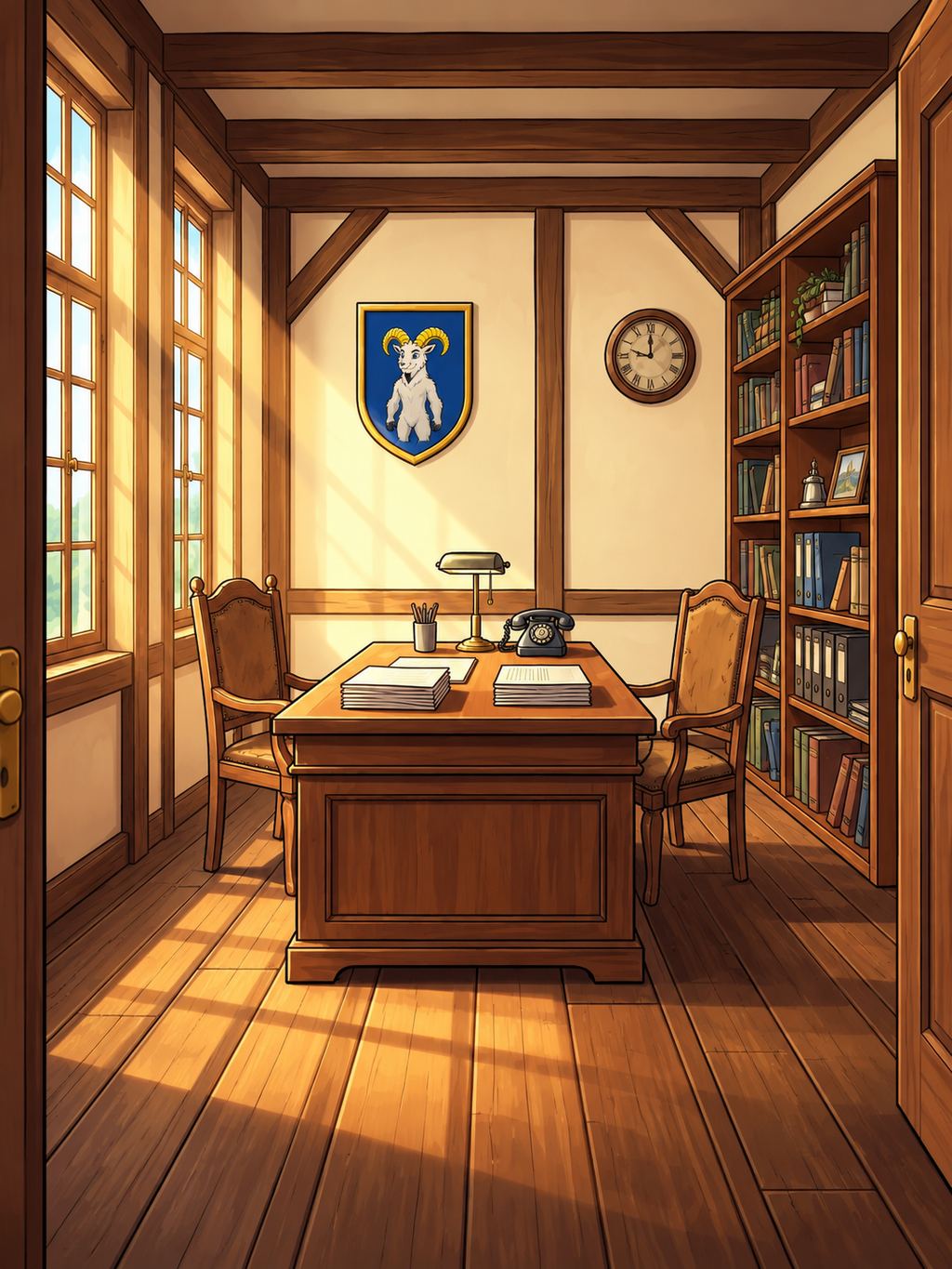 EISBANDE No. 6 – Die Alte Welt — page 1 panel 2: Im Bürgermeisterbüro ruht das alte Wappen unbewegt an der Wand; Hannes ist darin noch völlig reglos und wirkt wie ein gewöhnlicher Bestandteil des Raumes.