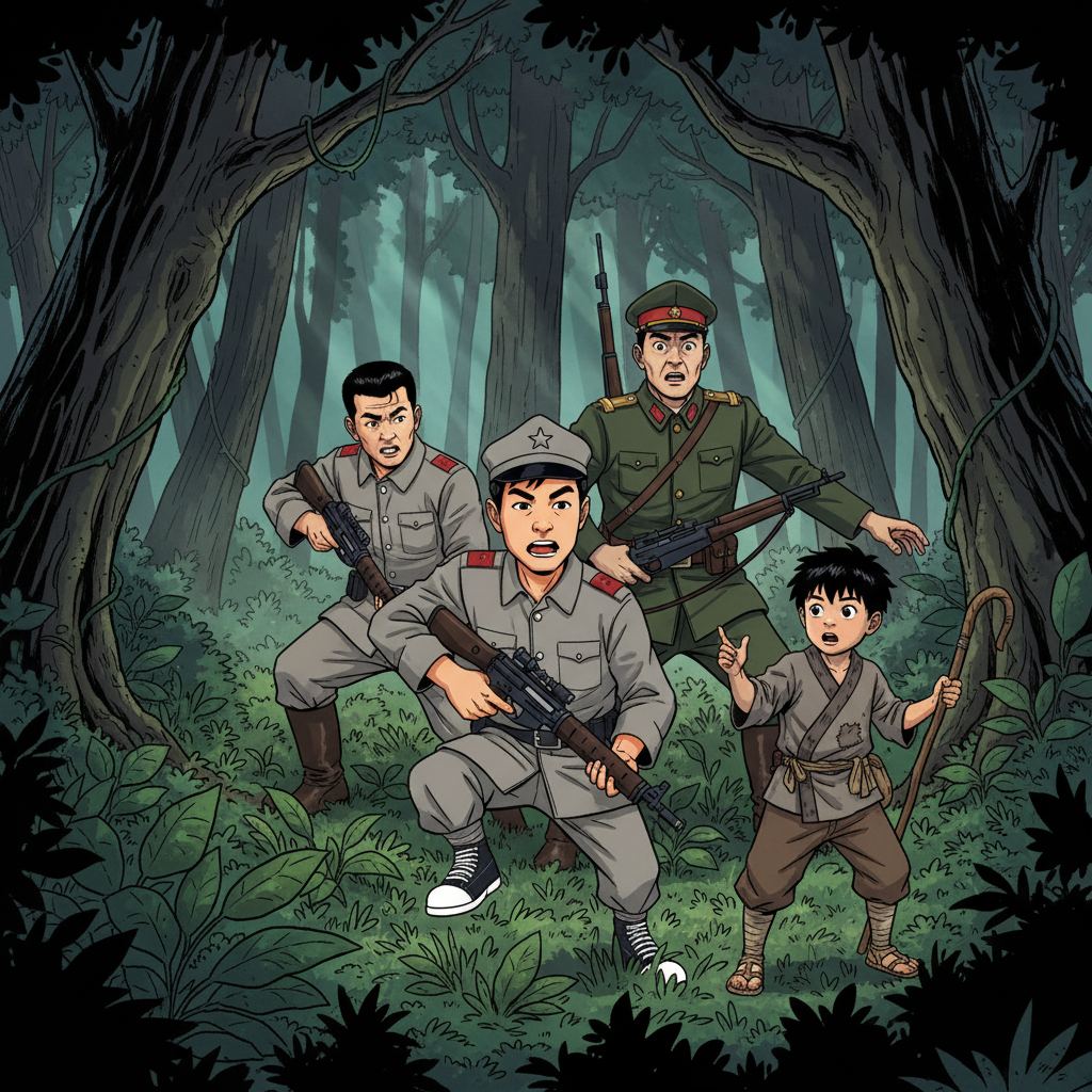 王二小智斗鬼子 — page 1 panel 3: 王二小将鬼子引到了一处茂密的峡谷，突然，他眼神一变，悄悄地指向前方。随着一声令下，埋伏在草丛中的八路军战士们一跃而起，枪口直指陷入包围圈的日本兵。鬼子们大惊失色，意识到中计了。