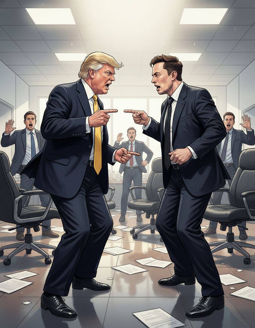 会议风波:trump 和 mask 的冲突 — page 1 panel 3: mask也站了起来,语气强硬地反驳trump,两人的争执升级,会议室的气氛剑拔弩张。