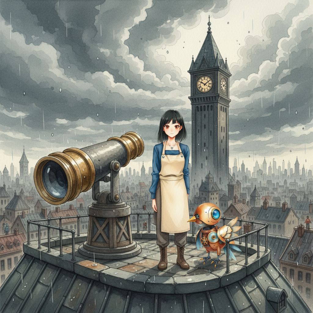 The Clockmaker and the Sky-Map: página 1, viñeta 3: Mira follows the robot bird (Spark) across the rain-slicked rooftops of the city, reaching the abandoned observatory. The massive lens is aimed at the dark, silent clock tower, now appearing as a beacon of purpose.