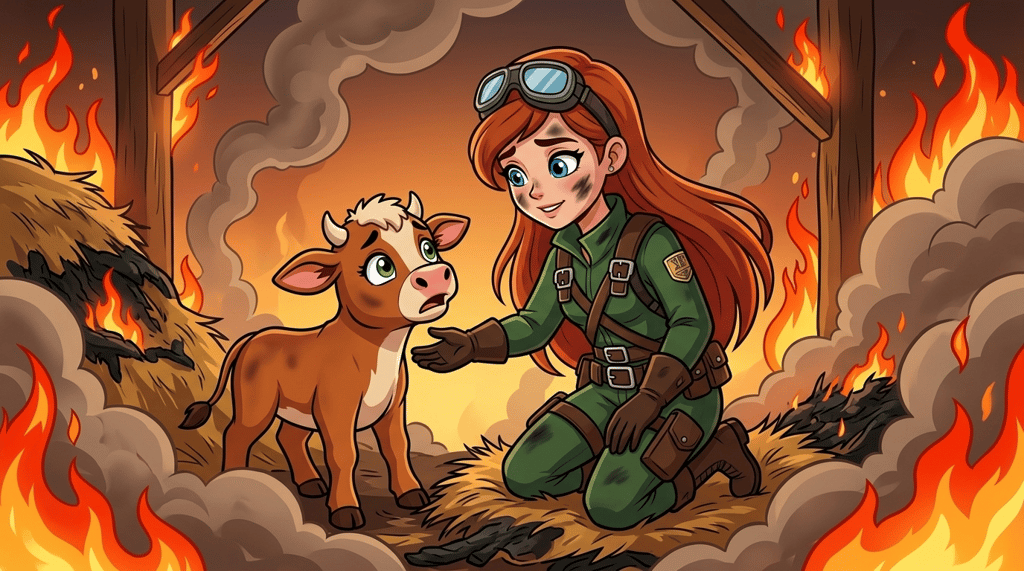 Skye the Sky-Rider: Barn Fire — page 1 panel 3: Inside the inferno of the barn, Skye quickly locates a terrified calf, huddled amidst the flickering flames and oppressive smoke.