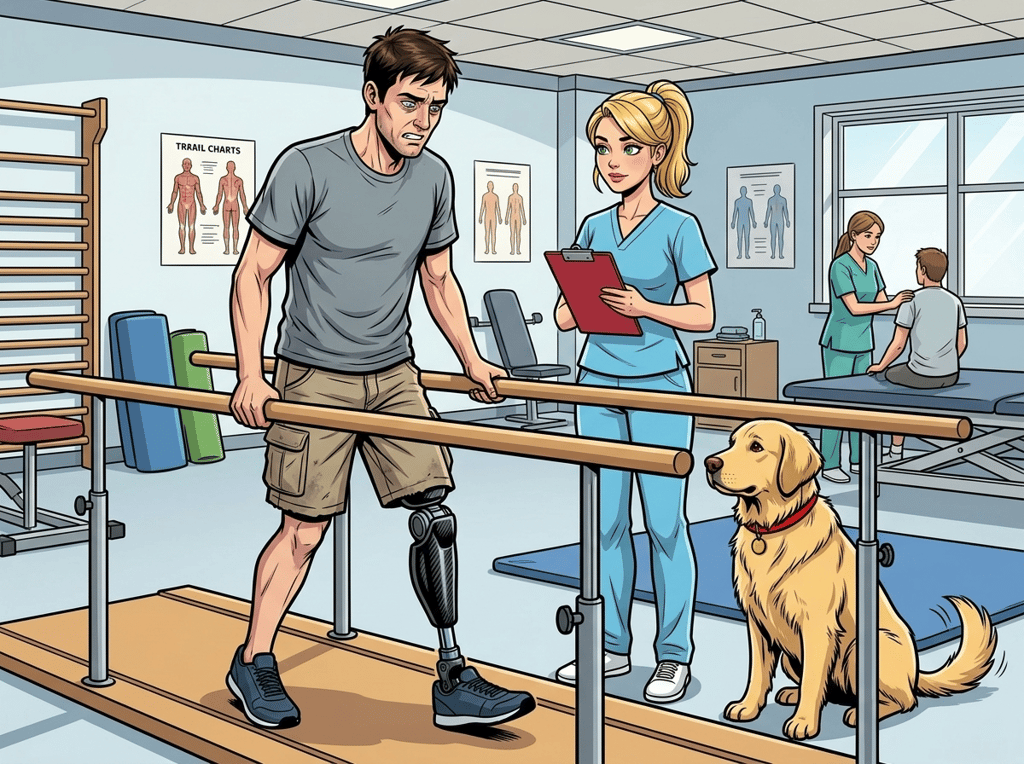 The Ghost Leg and the Coming Storm — page 1 panel 3: Andrew takes measured steps along the parallel bars, gritting his teeth as the prosthetic liner chafes his stump. Watson, ever vigilant, watches from the end of the rails, his tail beating a slow, insistent rhythm.