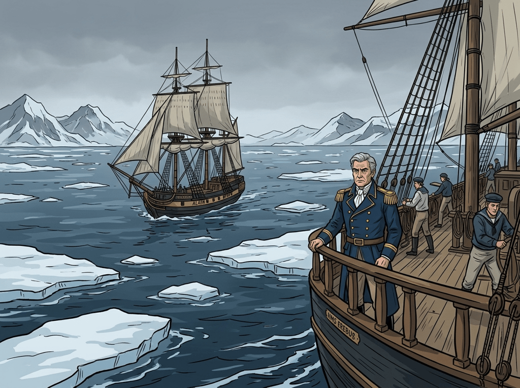 The Man Who Outlived the Ice — page 1 panel 3: The ships push further north, the landscape transforming from green to stark white and blue. The last vestiges of a 'normal' world fade behind them.