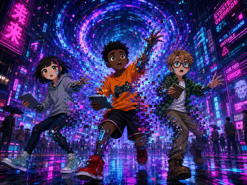 The Digital Defenders: CIVIX Adventure: página 1, viñeta 3: A sudden surge of light engulfs the friends as the CIVIX app pulls them into a vortex of swirling digital data. Their expressions are a mix of shock and wonder.