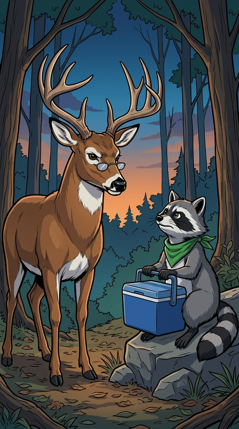 The Burn Pile Council — page 1 panel 3: Gus looks down sternly at Bandit, who is sitting on a small rock holding a blue plastic cooler latch.