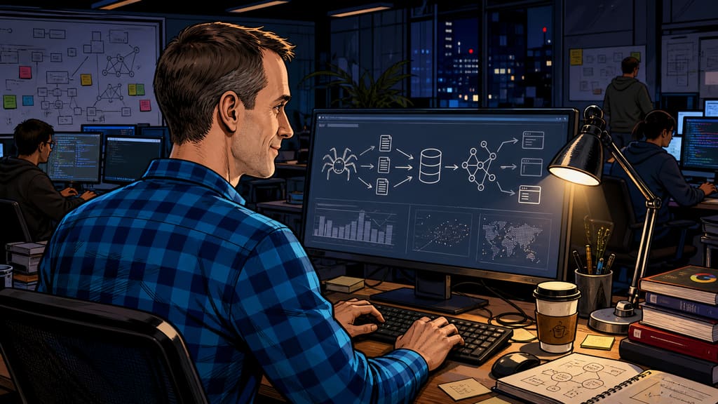 The Man Who Built Google's Brain — page 1 panel 3: Jeff Dean sits alone at a terminal, surrounded by diagrams of crawling, indexing, and query serving. Frustration becomes determination.