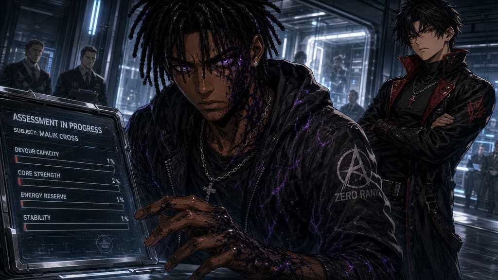 ZERO RANK — Episode 1: Rank Zero — page 1 panel 3: The assessment device scans Malik. Energy readings flicker weakly, while officials and nearby candidates lean forward in confusion.