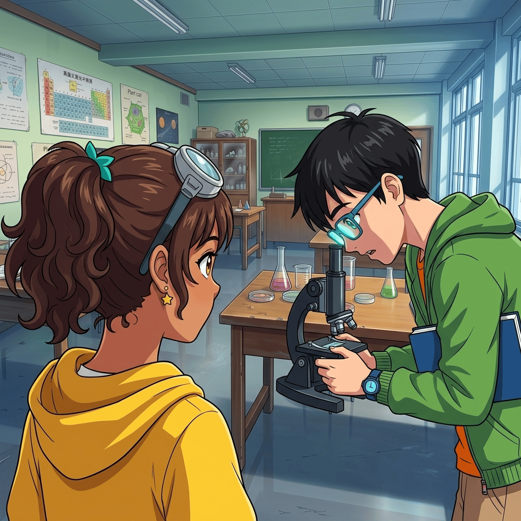 The Secret Above the City — page 1 panel 3: Leo examines the rock beneath the microscope. The magnified glow reflects in his glasses, and his eyes go wide.