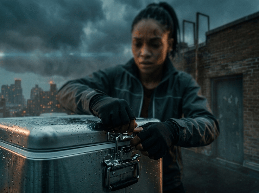 Across the Storm — page 1 panel 3: On a rooftop ledge, Mara checks the cooler's seal with trembling fingers as rain thickens. The hospital beacon glows far ahead, making the remaining distance feel impossible.