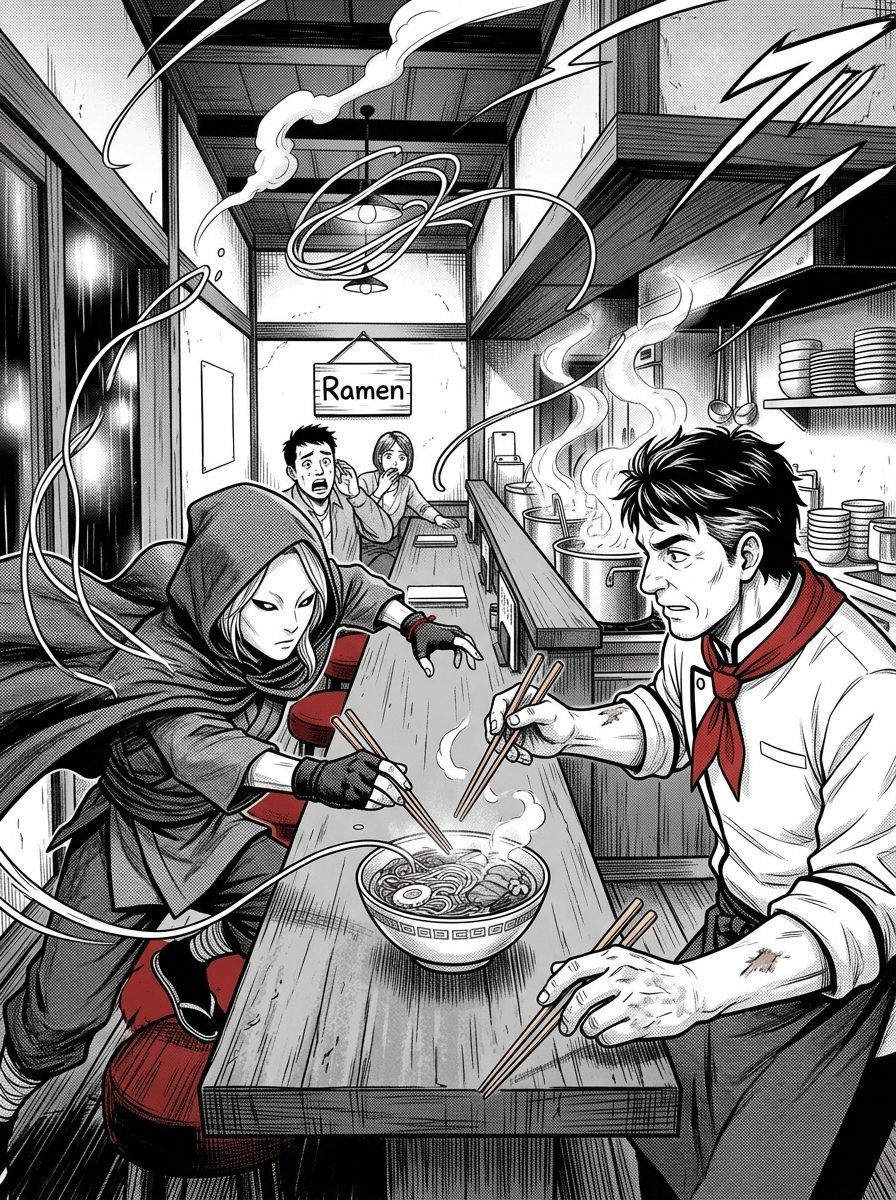 The Last Bowl — page 1 panel 3: Chopsticks snap forward. Noodles whip through the stormlike steam as chef and challenger trade lightning-fast grabs, each refusing to yield.
