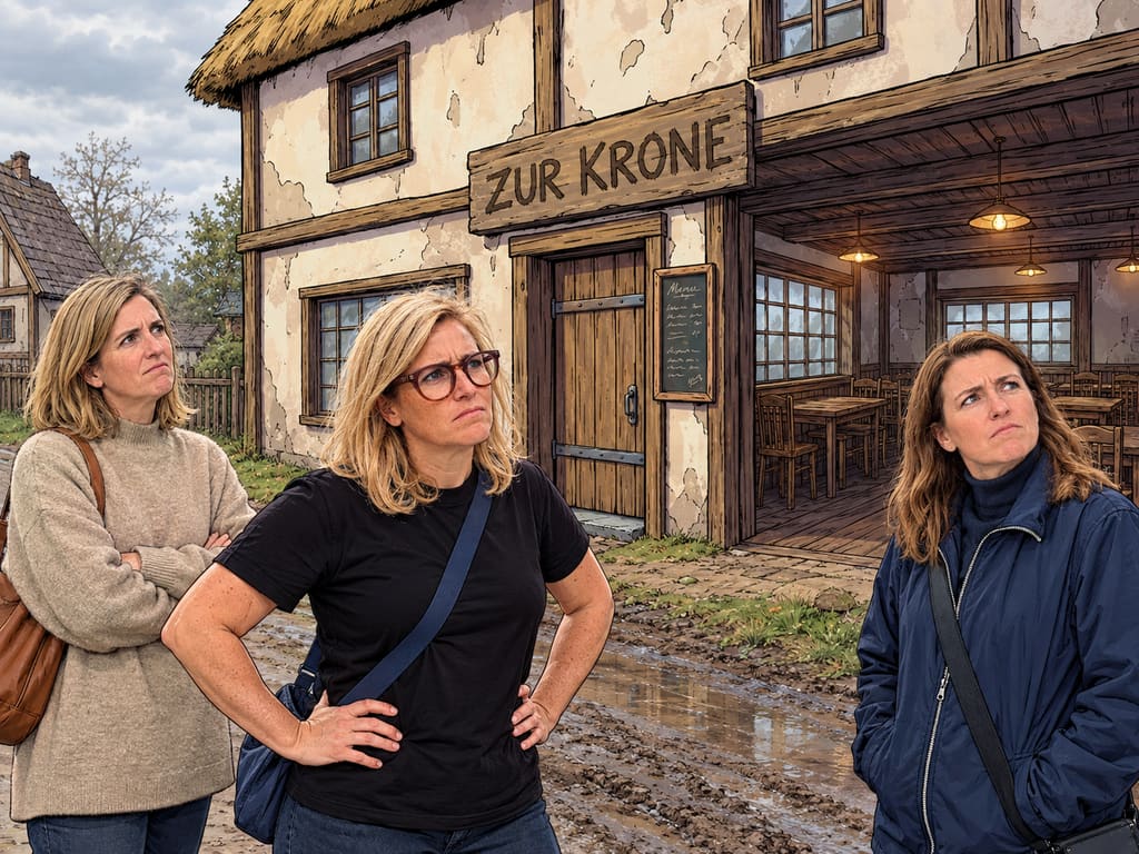 WO STERNE VERSPROCHEN WERDEN — page 1 panel 3: Vor dem heruntergekommenen Dorfgasthaus herrscht völlige Stille. Die vermeintliche Krone ist ein enttäuschender, unscheinbarer Ort.