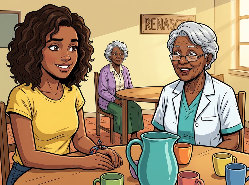 Renascer: Cuidar de Si Também é Viver — page 1 panel 3: Jennifer anuncia a novidade com orgulho tímido. Terezinha reage com alegria, e Lucília observa com atenção.