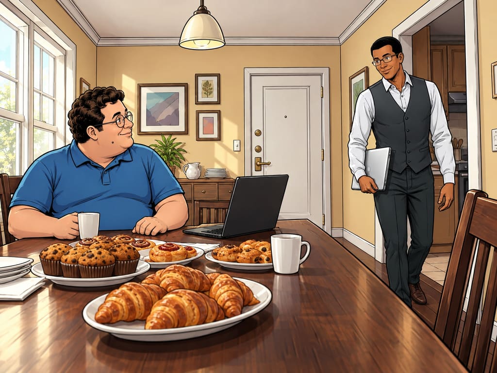 Datagedreven afvallen........ of niet? — page 1 panel 3: Dr. Elias Reed enters with a laptop, and Martin immediately sees a possible solution to his food problem.