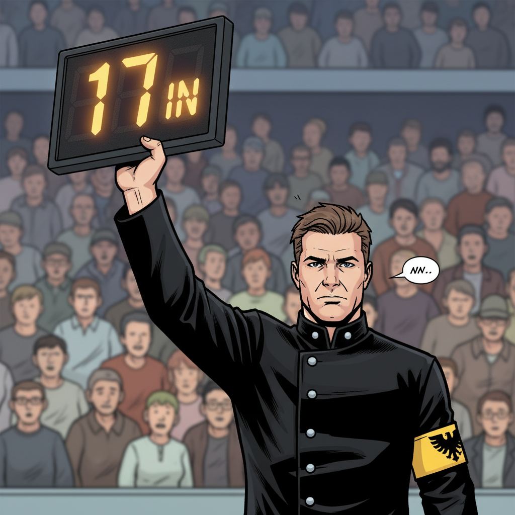 The Number 17 — page 1 panel 4: The Fourth Official raises the substitution board, glowing brightly against the stadium's darkness. The numbers '17 IN' flash prominently, causing a ripple of murmurs and gasps of surprise to spread through the sparse crowd.