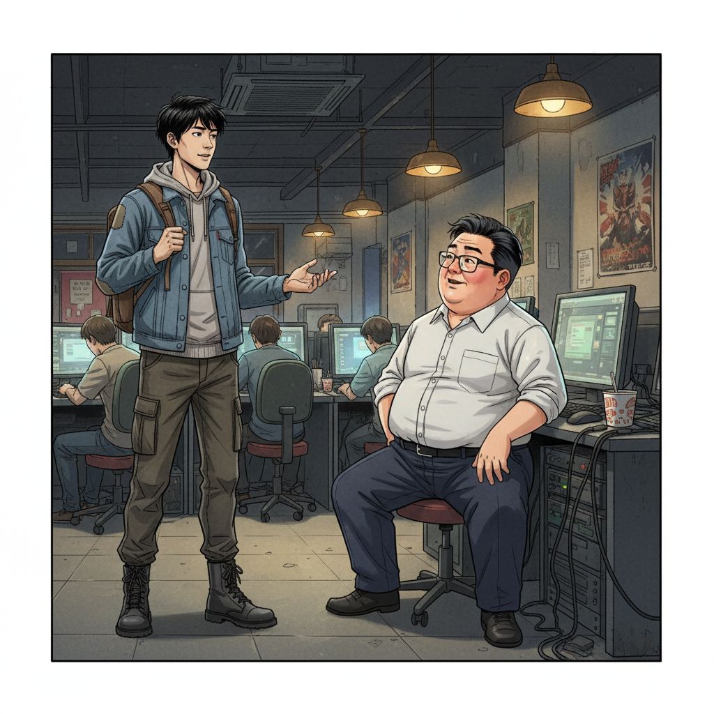 赵明的夏天 — page 1 panel 4: 赵明走进网吧,与网吧老板交谈,老板面带微笑地听着,似乎对这个年轻人很感兴趣。