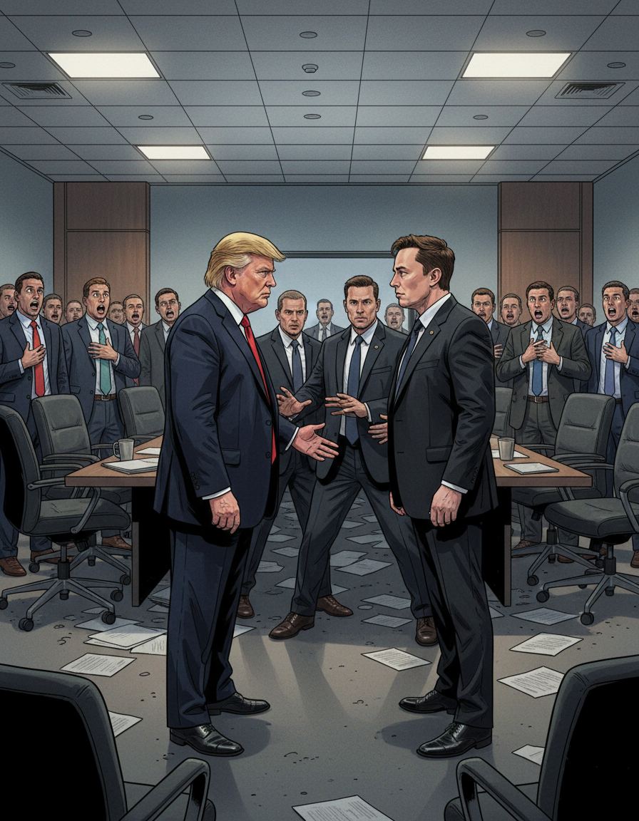 会议风波:trump 和 mask 的冲突 — page 1 panel 4: 争吵最终演变成肢体冲突,会议室一片混乱,其他与会者惊慌失措,试图将两人分开。