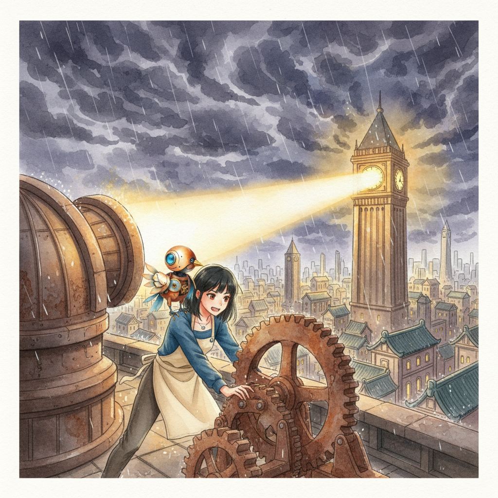 The Clockmaker and the Sky-Map: página 1, viñeta 4: With Spark perched on her shoulder, Mira works to turn the ancient gears of the observatory lens. As they align, a beam of light shoots across the sky, striking the clock tower, which immediately bursts into a brilliant, warm glow, like a new sunrise over the city.