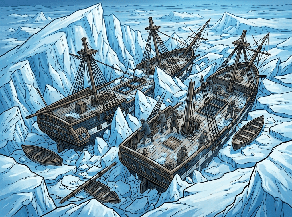 The Man Who Outlived the Ice — page 1 panel 4: The ice closes in with an ominous, almost predatory feel, trapping the ships. The sense of being swallowed by the Arctic wilderness begins.