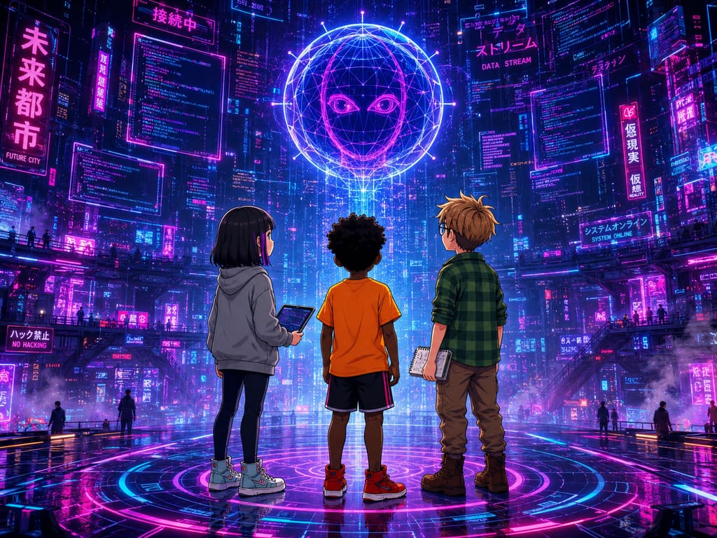 The Digital Defenders: CIVIX Adventure: página 1, viñeta 4: The trio lands in a vast, glowing digital realm where platforms float amidst swirling code and data streams. Before them, CIVIX, a luminous AI orb, materializes.